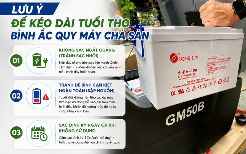 Lưu ý để kéo dài tuổi thọ bình ắc quy máy chà sàn